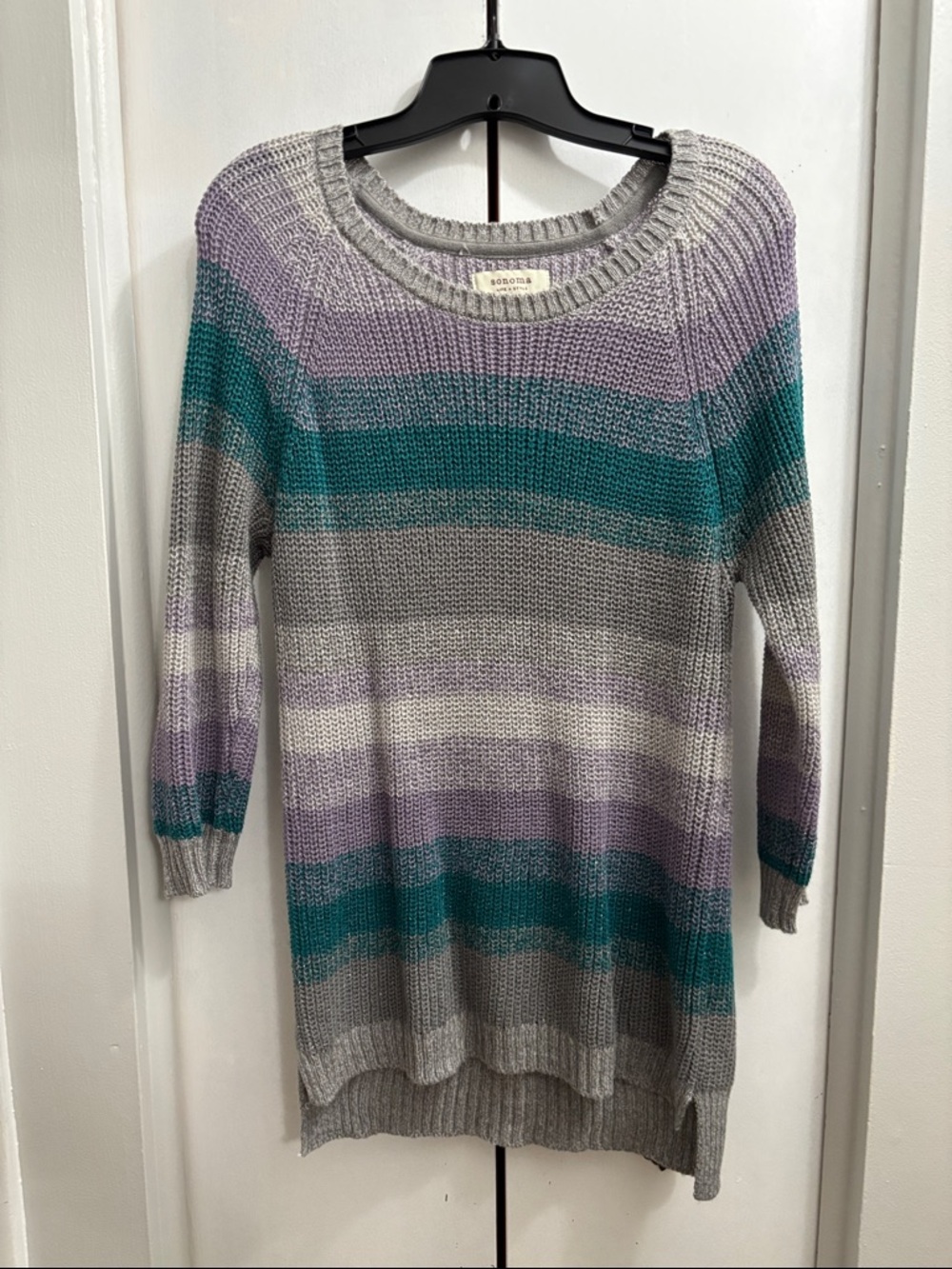 Sonoma Striped Crewneck Sweater in Gray, Teal & Lavender
